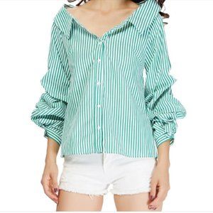 Green Stripe Cotton Open collar Puff sleeve Blouse